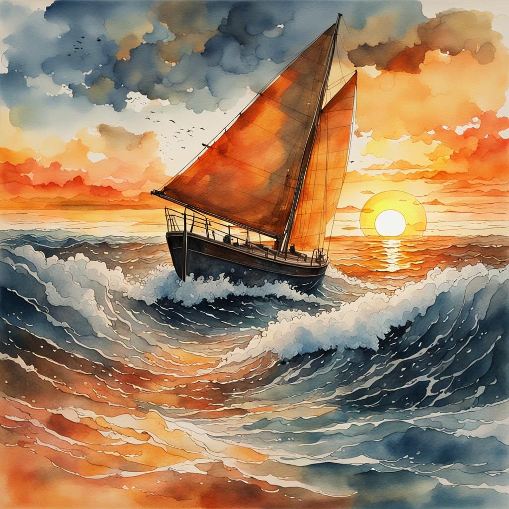 Sailboat at Sunset: Watercolor and Ink Painting