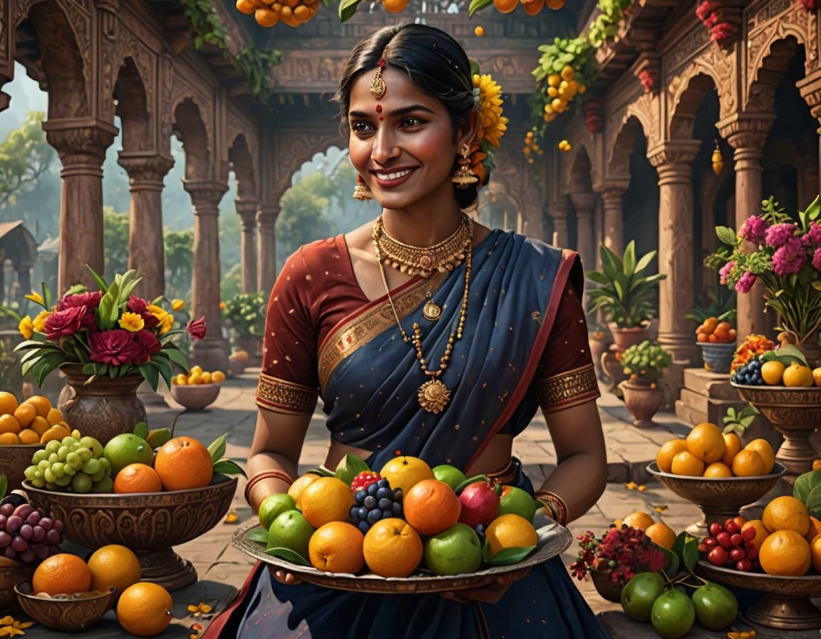 Happy Indian Woman with Fruits, Digital Matte Painting