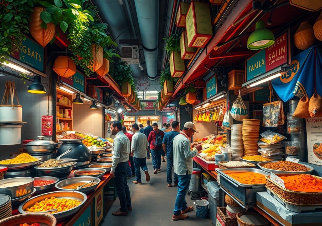 Global Street Food Market in Art Nouveau Style