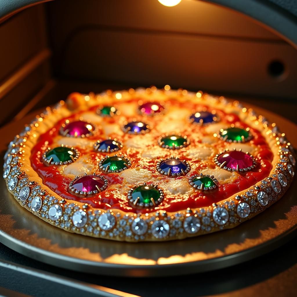 Ultra detailed picture of a jewelry encrusted pizza. The cru...