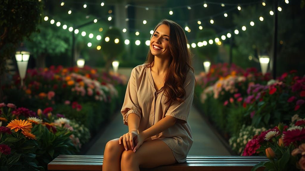 Beautiful Woman in Starry Garden, Cinematic Style