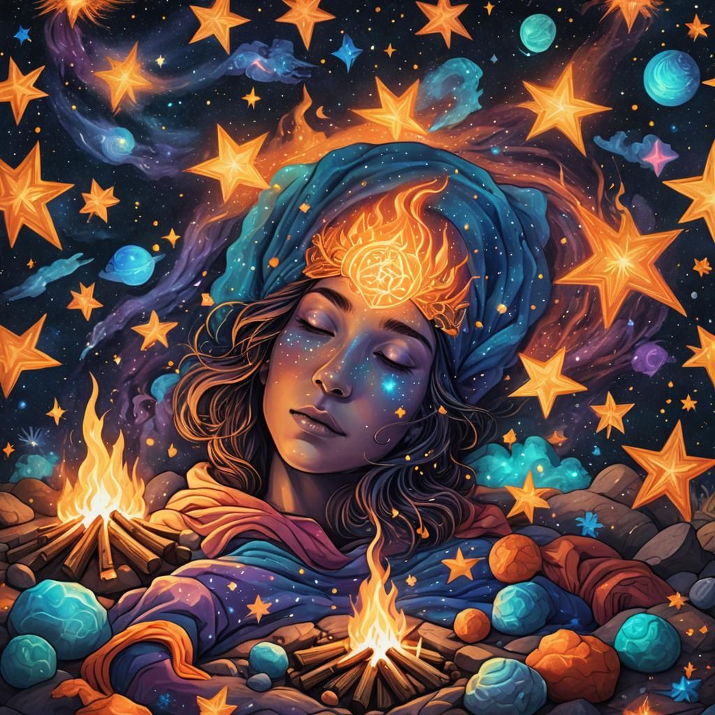 Campfire Dream Under Astral Skies: Pablo Amaringo Style