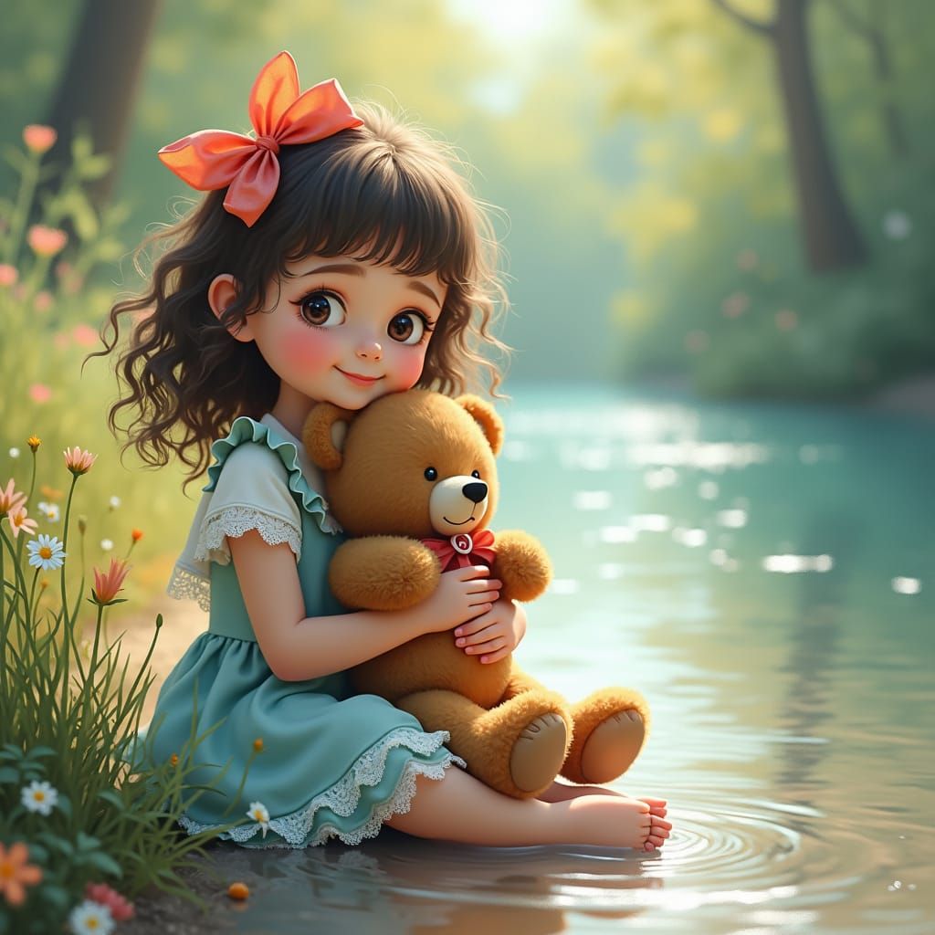 Impressionist Girl with Teddy Bear by Riverbank