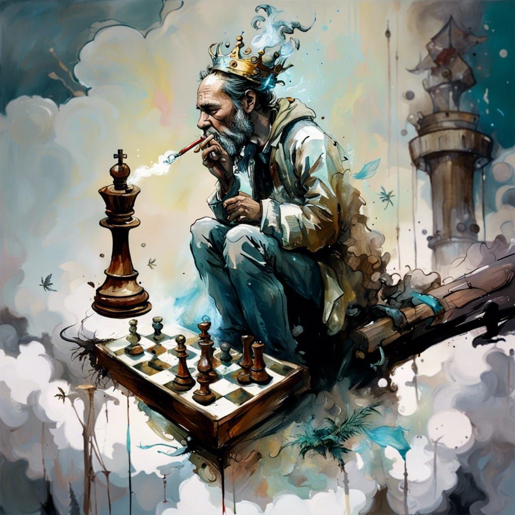 Surreal Chess King Smoking in the Clouds