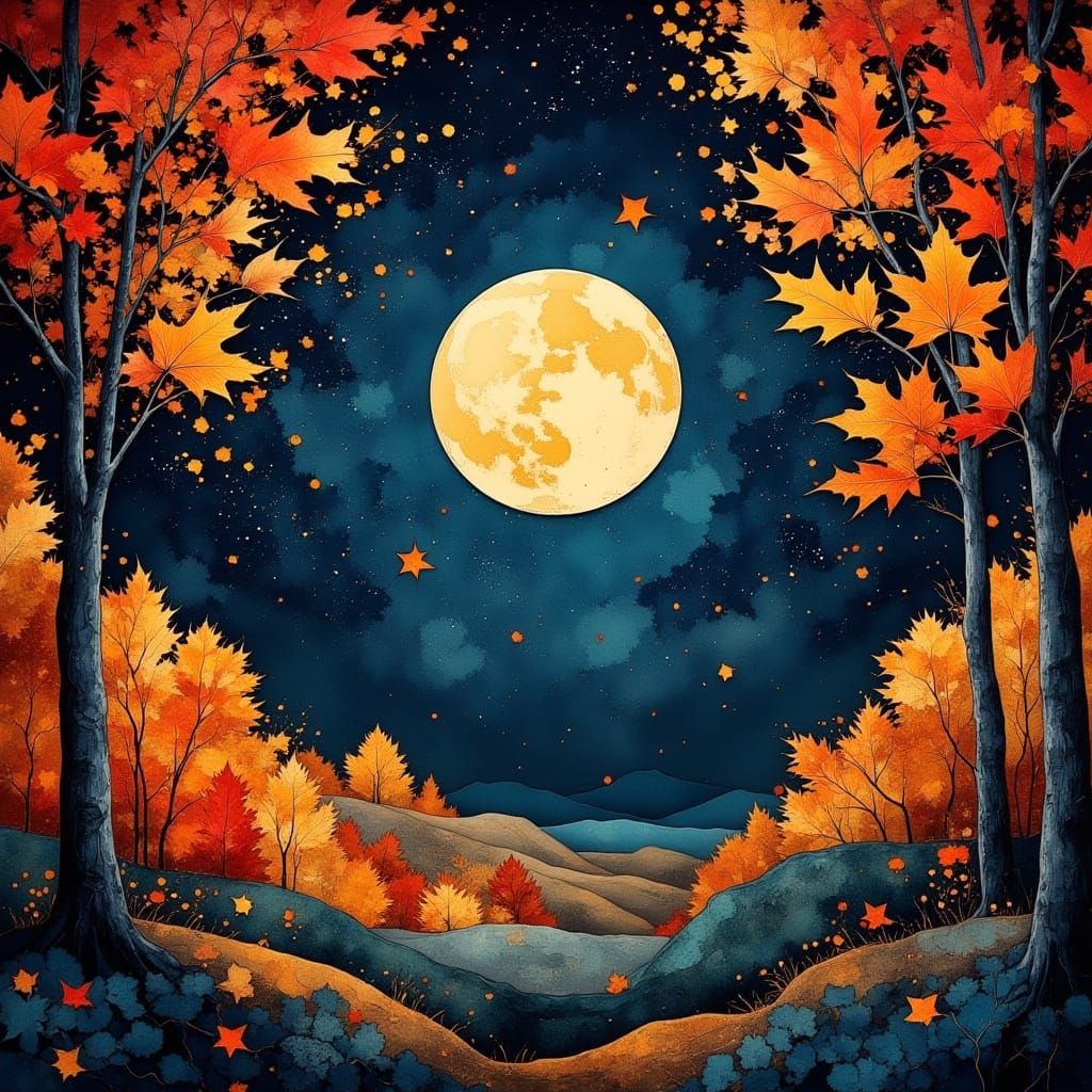 Stunning Autumn Starry Night Scene with Harvest Moon