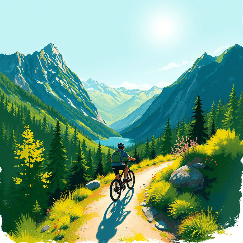 Bicyclist Rides Mountain Trail in Vibrant Illustration Style
