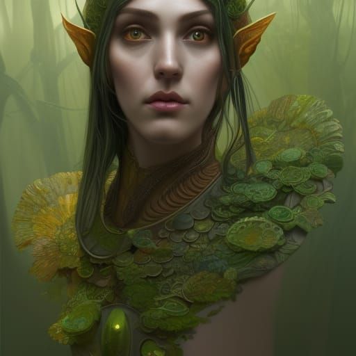 Elven Warrior in Lichen Armor, Art Nouveau Portrait