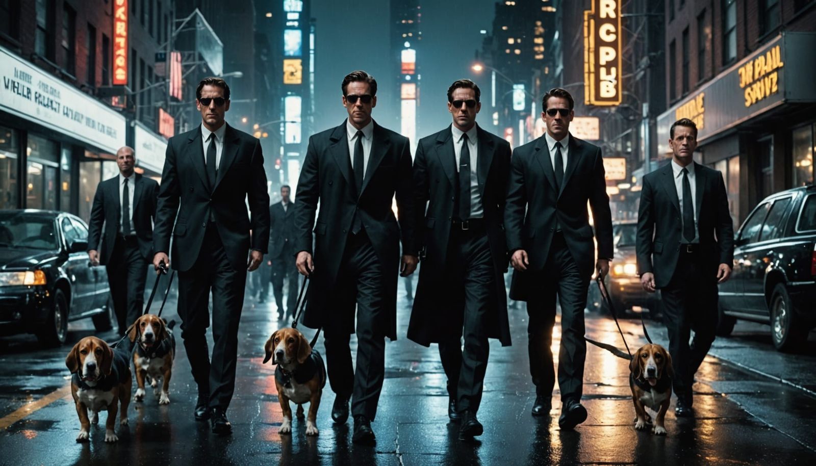 MIB Agents and Basset Hound on Wet NYC Streets at Night