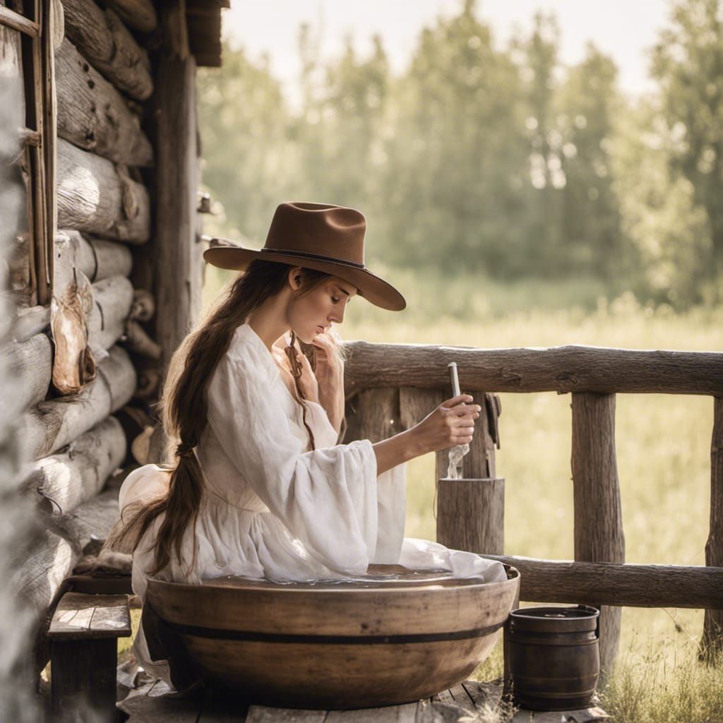 Scared Woman Bathes as Cowboy Watches, Professional Photogra...