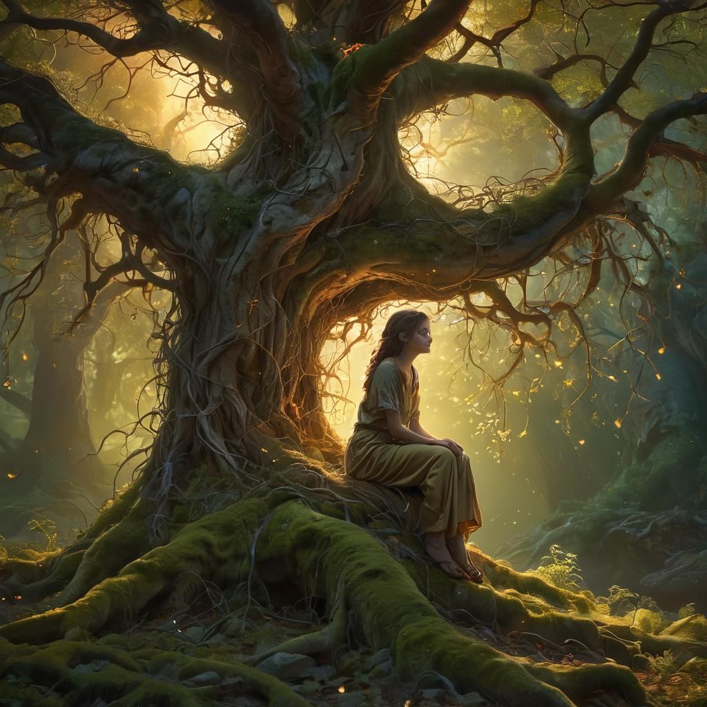 Enchanting Woman Under Ancient Tree: Whimsical Illustration
