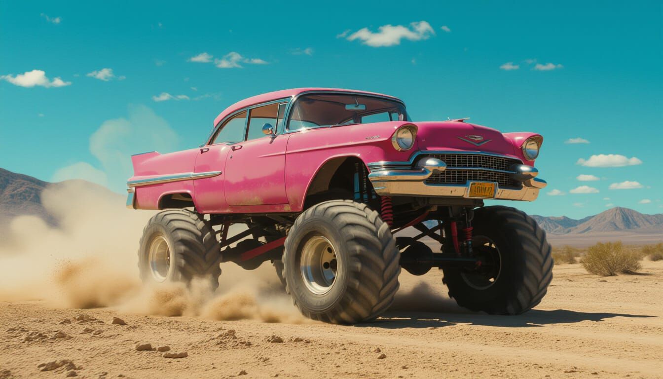Pink Cadillac Monster Truck in Cinematic Style