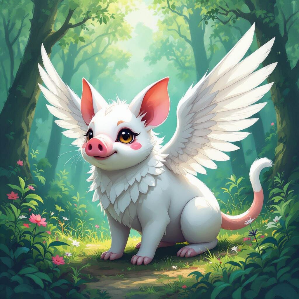 Cat-Pig Hybrid with Wings in Whimsical Watercolor Style