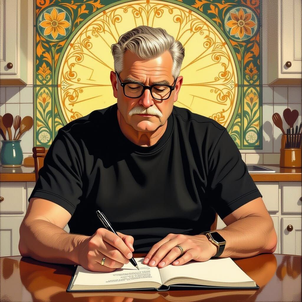 Art Nouveau Painting of Serene Man Writing in Sunny Kitchen