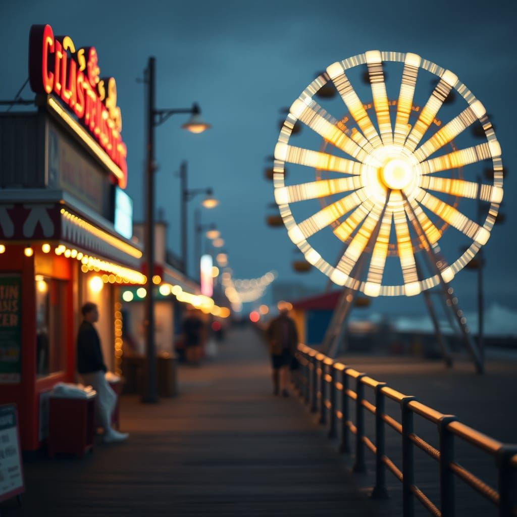 Festive Boardwalk at Night with Ferris Wheel