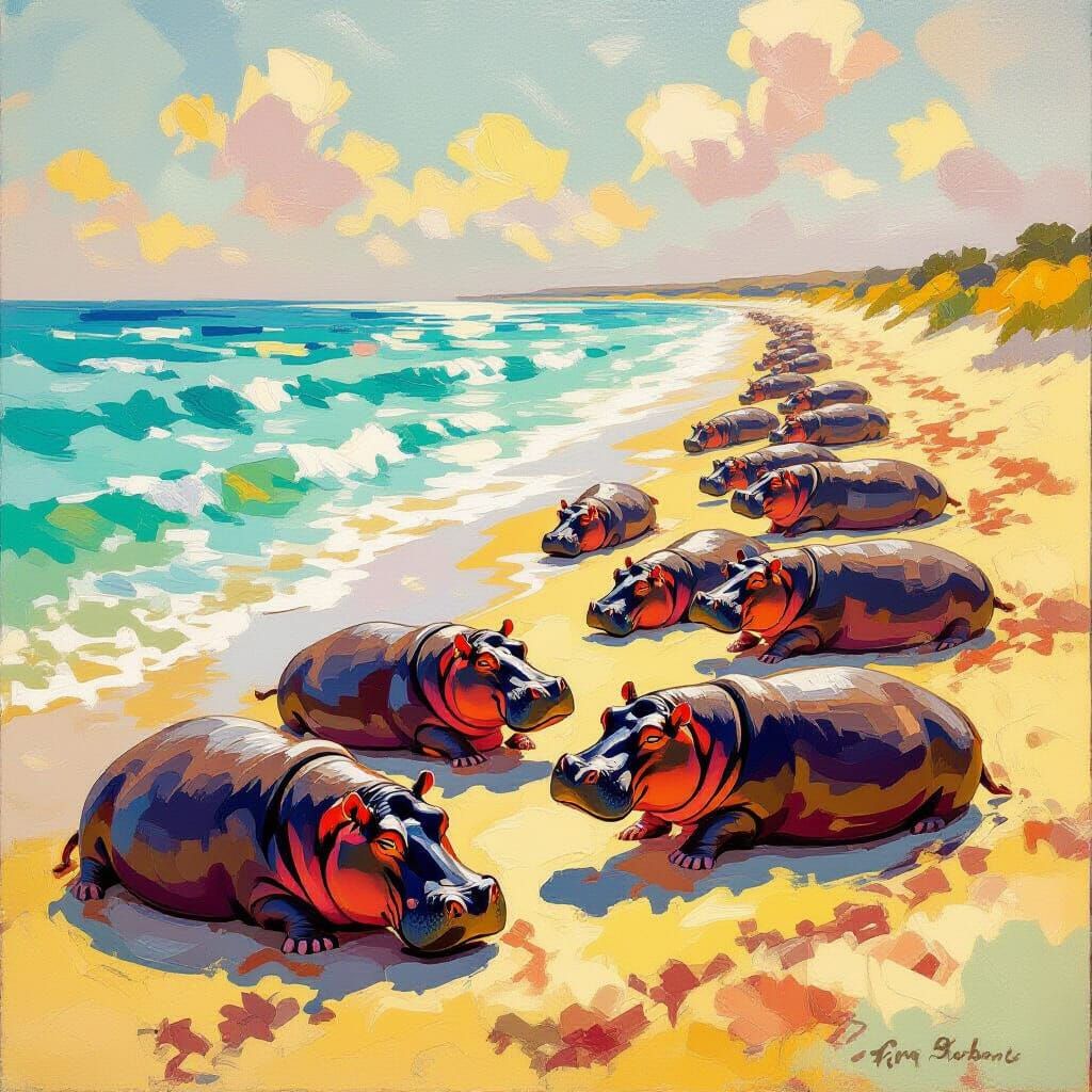 Happy Hippos Sunbathing on Golden Beach in Golden Hour Light