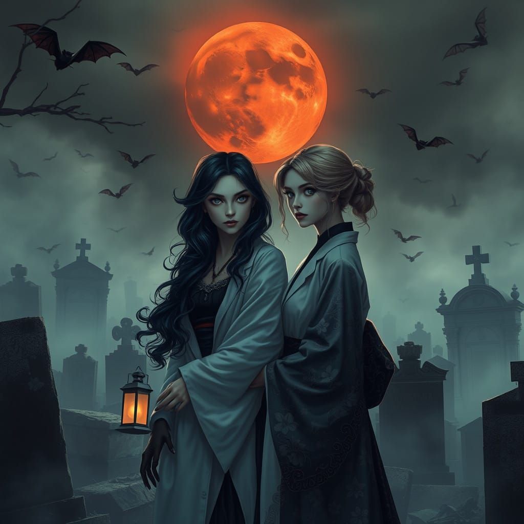 Ethereal Vampire Encounter in Foggy Cemetery