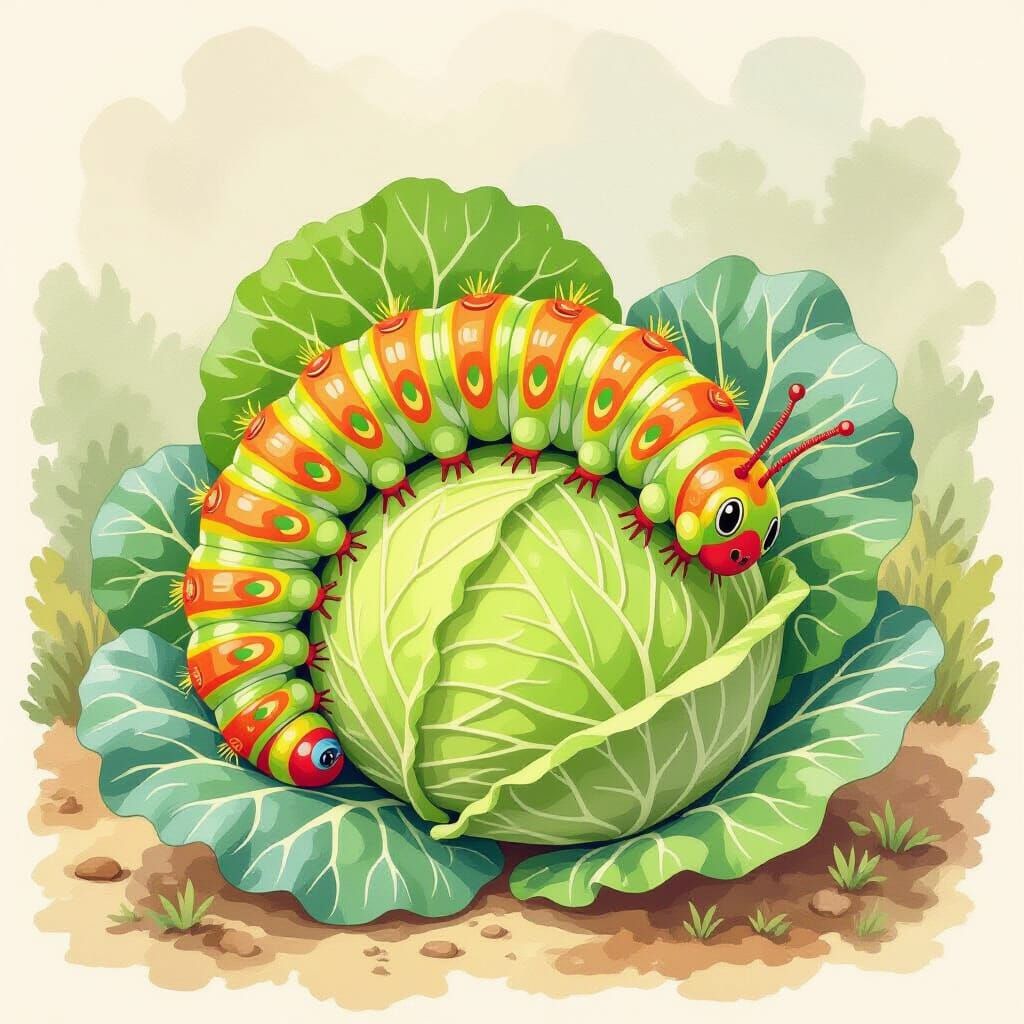 Vibrant Caterpillar Eats Cabbage Leaf in Whimsical Watercolo...