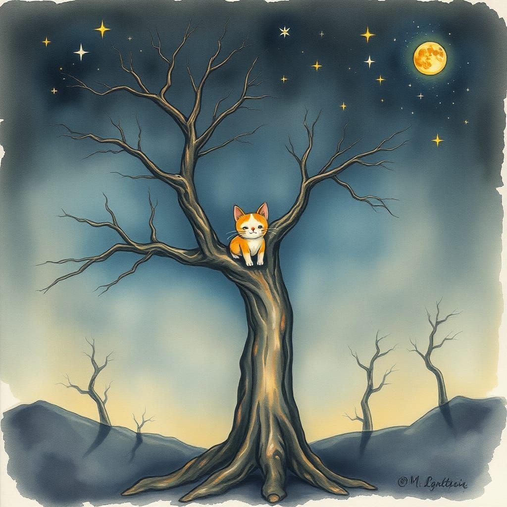 Melancholic Watercolor: Cat in Dead Tree