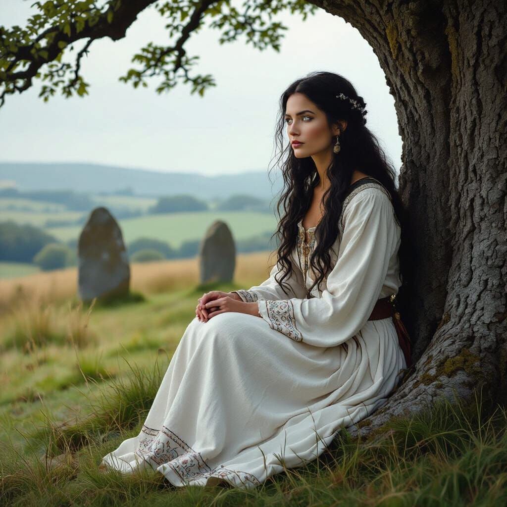 Celtic Woman Beneath Ancient Oak, Mystical Art