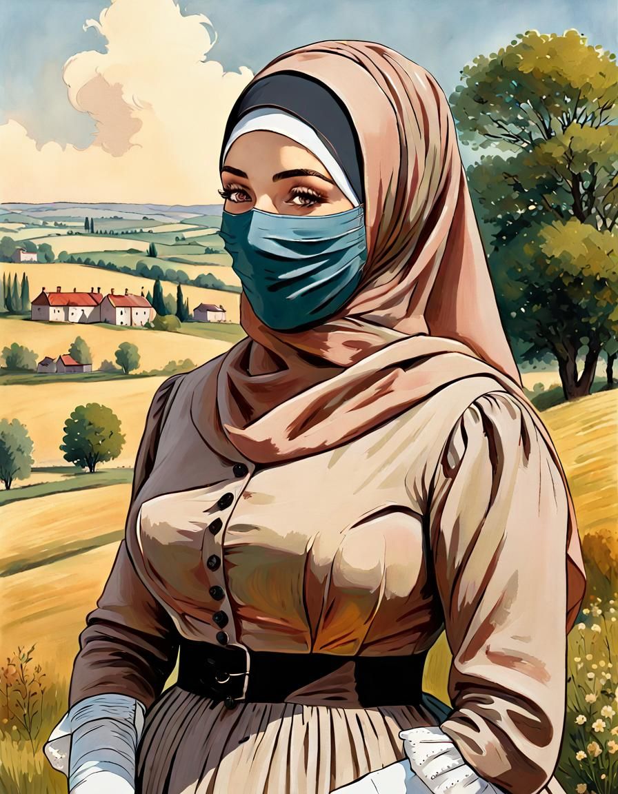 Victorian Woman with Facemask in Comic Art Style