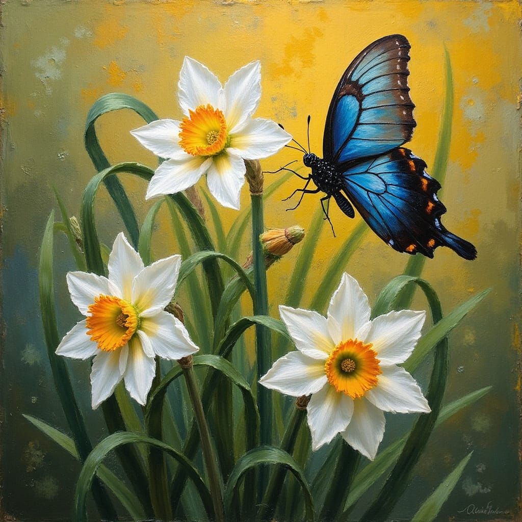 a vibrant, impressionist-style painting of a narcissus flower hanging downward, with delicate tendrils extending from it...