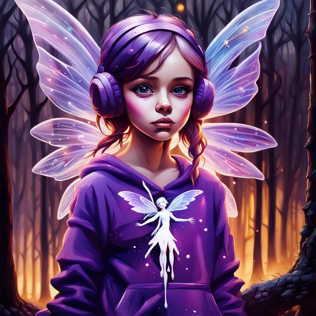 Purple Fairy in Dark Forest, Graffiti Art Style