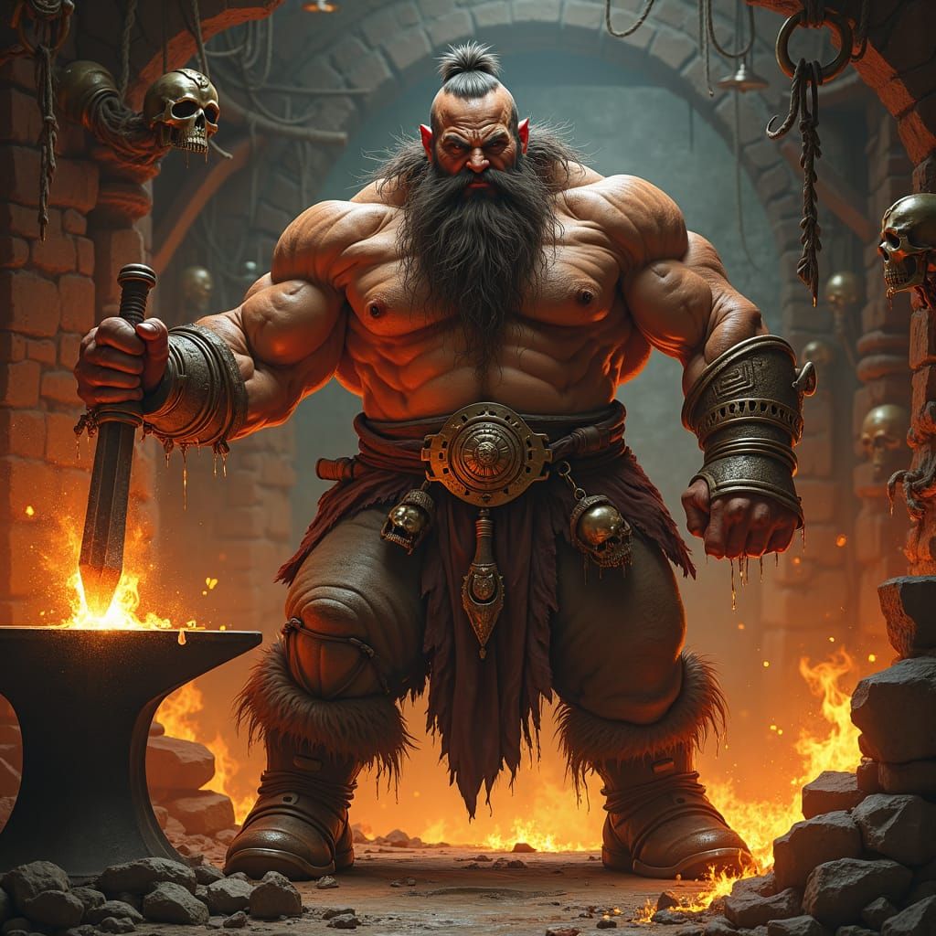 Dwarf Blacksmith in Fiery Forge, Dark Fantasy Art