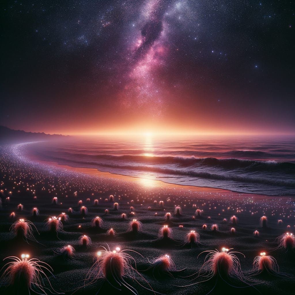 Alien Beach at Twilight with Bioluminescent Life