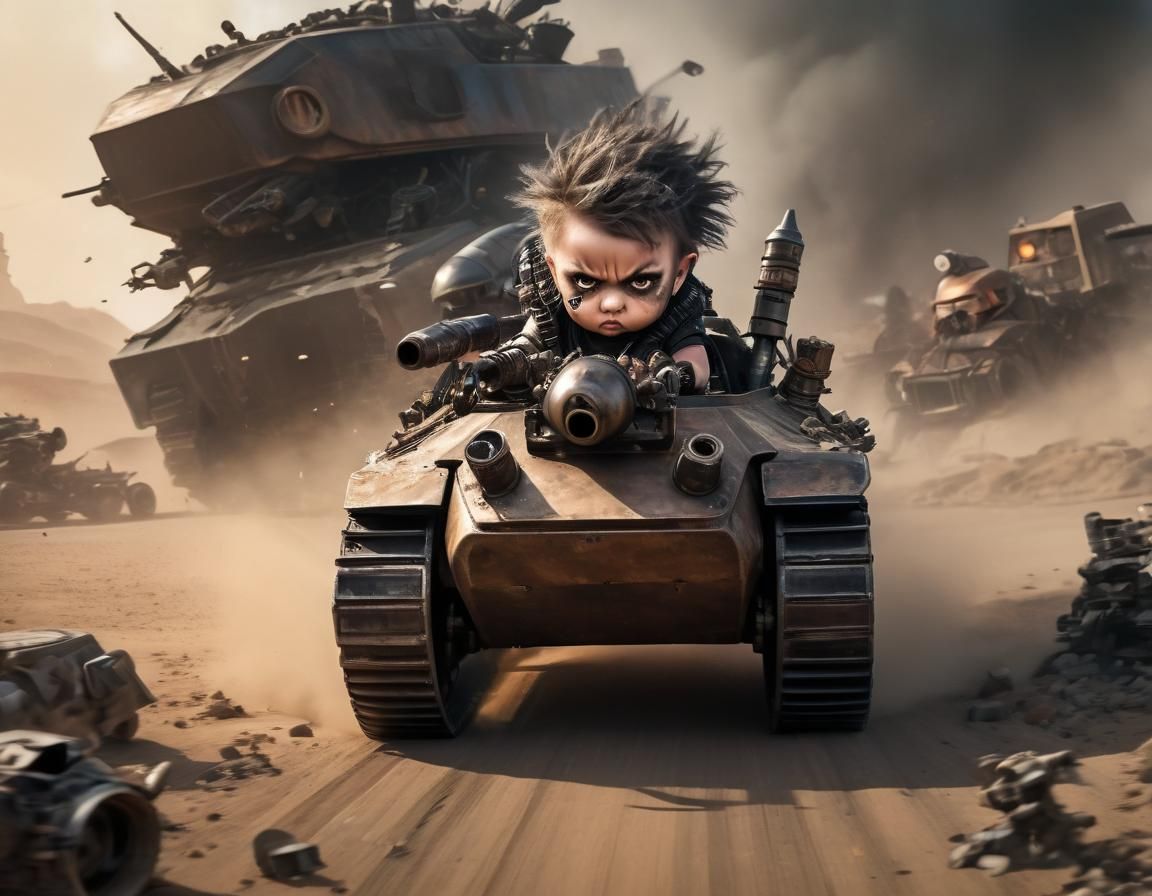 Cyberpunk Warrior Child Battles Armored Tank in Dystopian Wa...