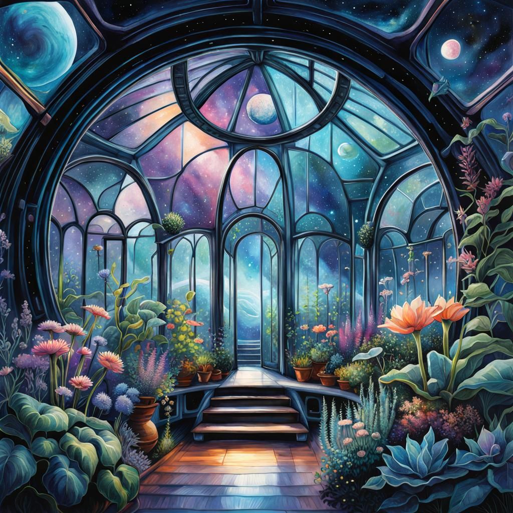 Spaceship Greenhouse with Bioluminescent Plants in Watercolo...