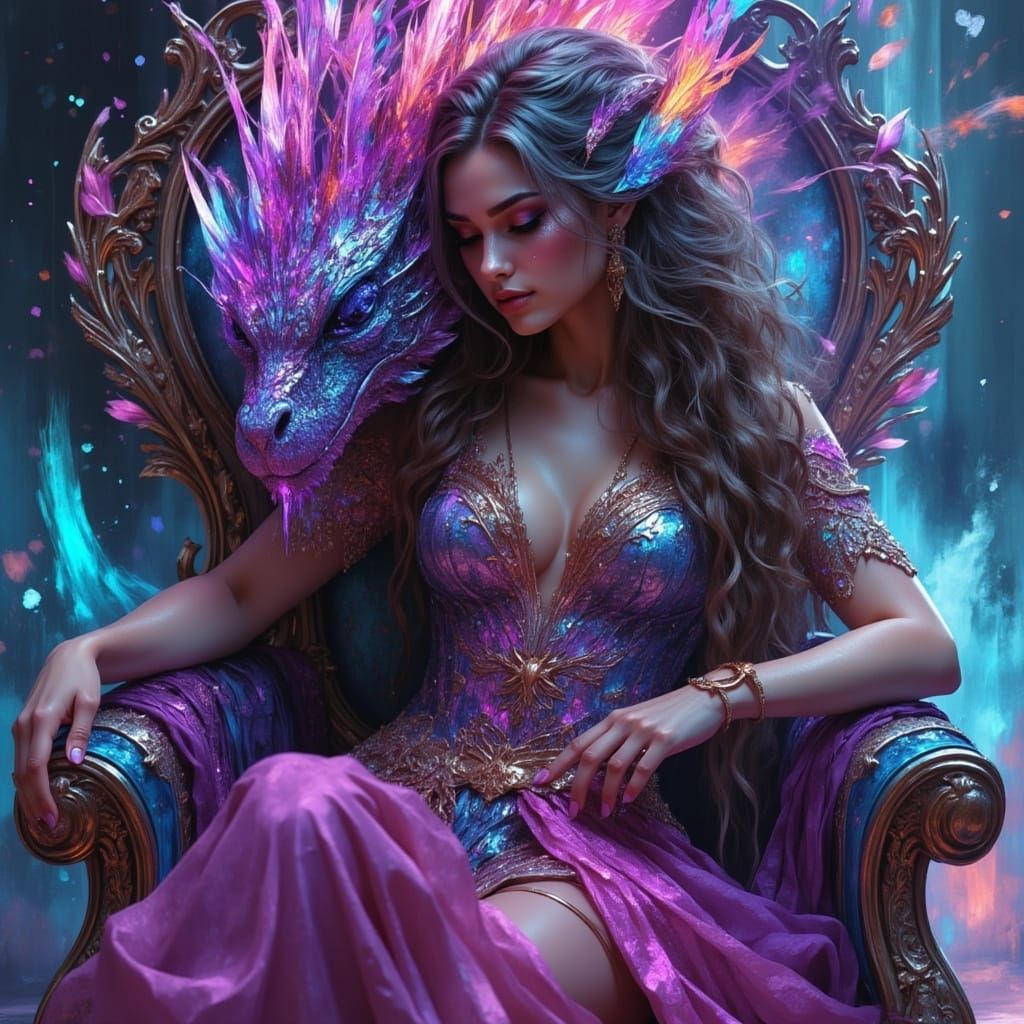 Woman on Holographic Throne with Dragon Companion