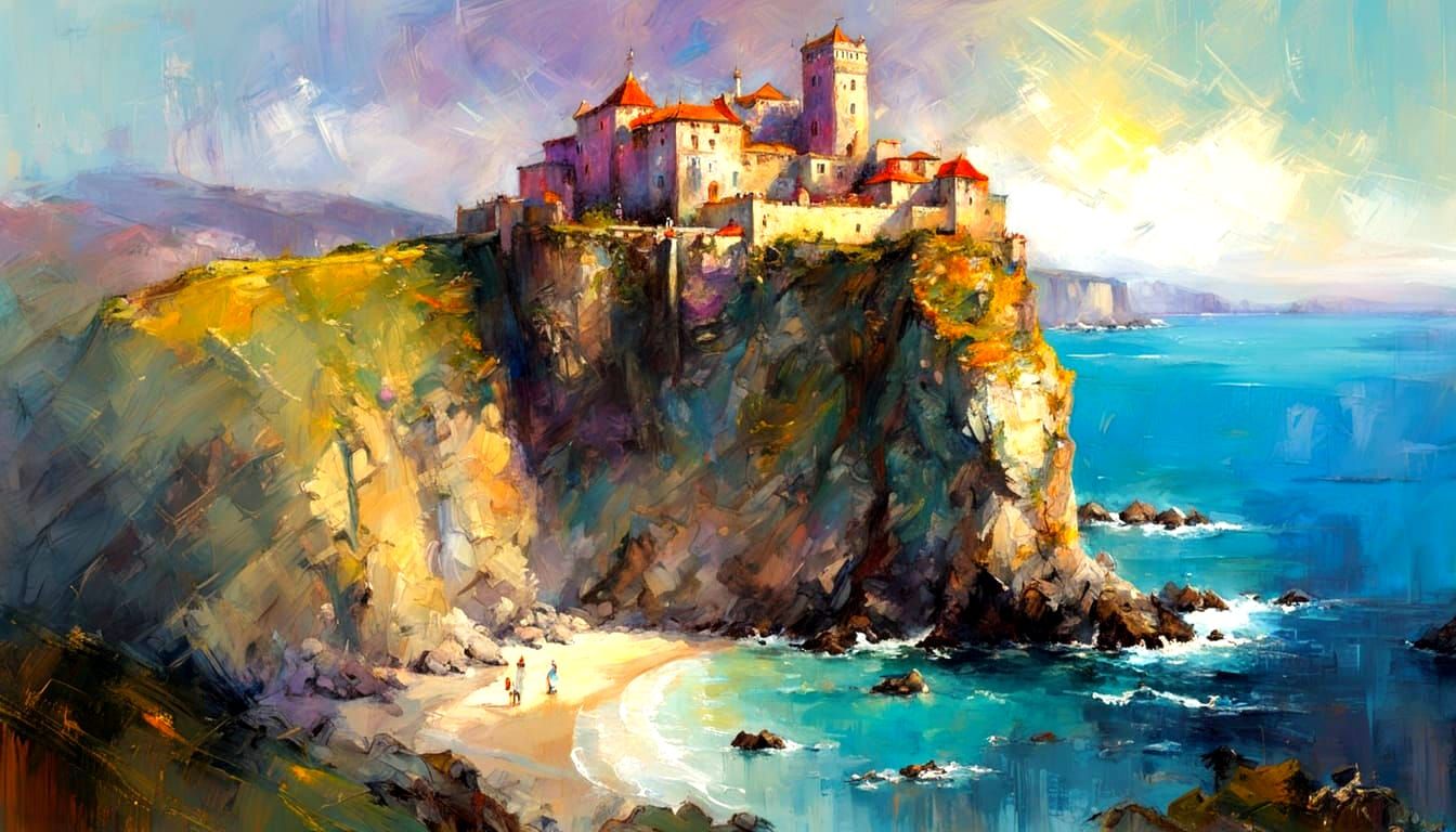 Enchanted Castle Above the Ocean as Impasto Painting