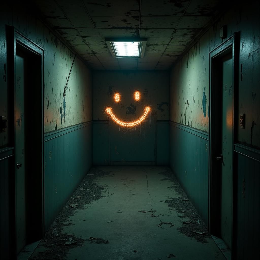 Glitched Smiley Face in Abandoned Hallway, Digital Matte Pai...