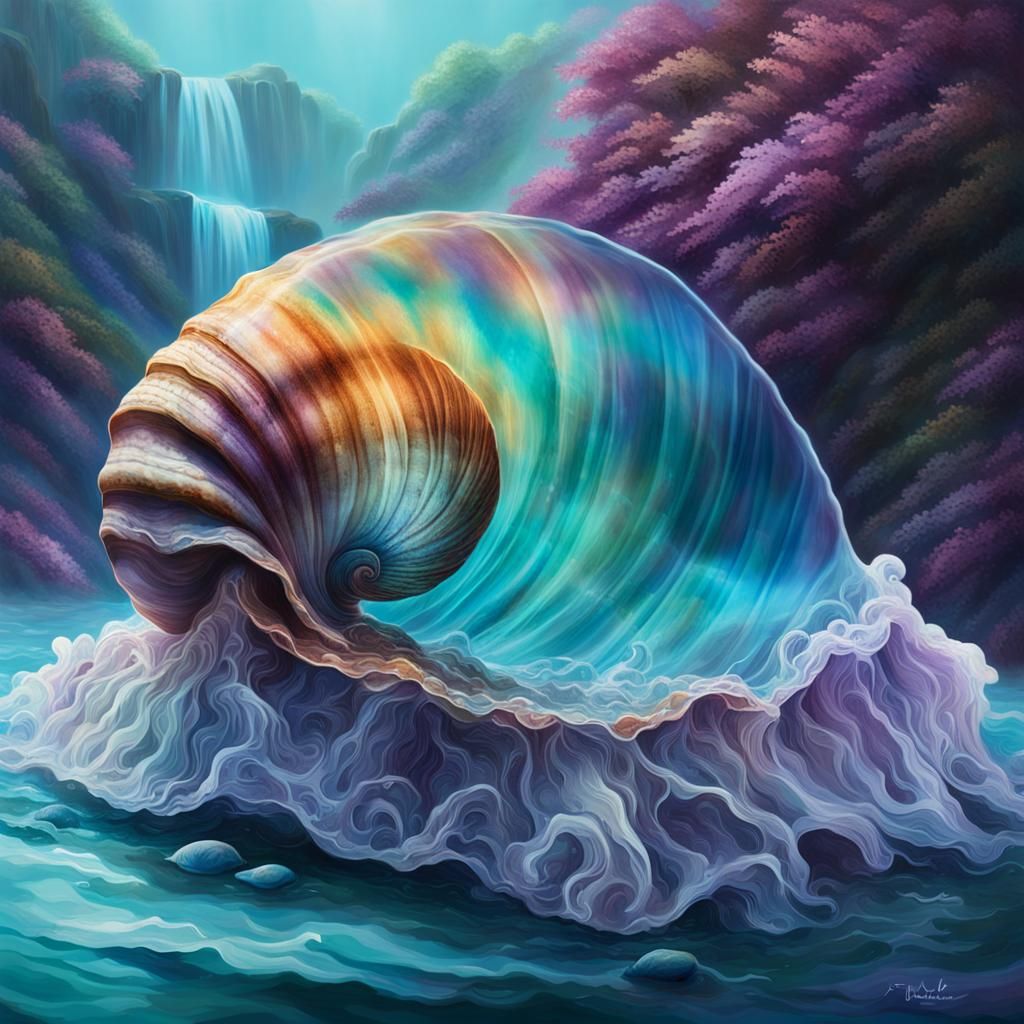 Iridescent Seashell Mountain Waterfall in High-Fantasy Style