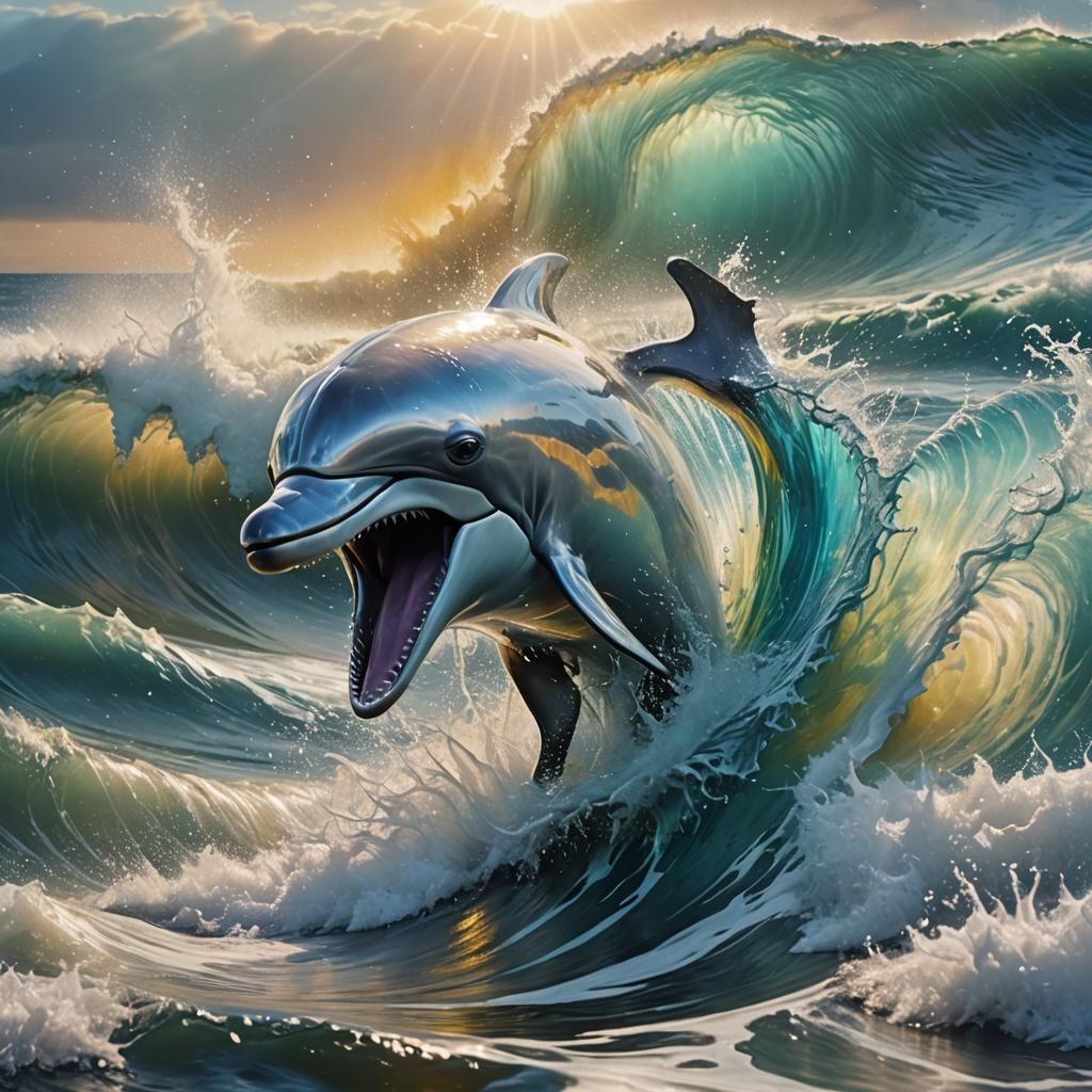 White Dolphin Leaping in Hyperrealistic Splash Art