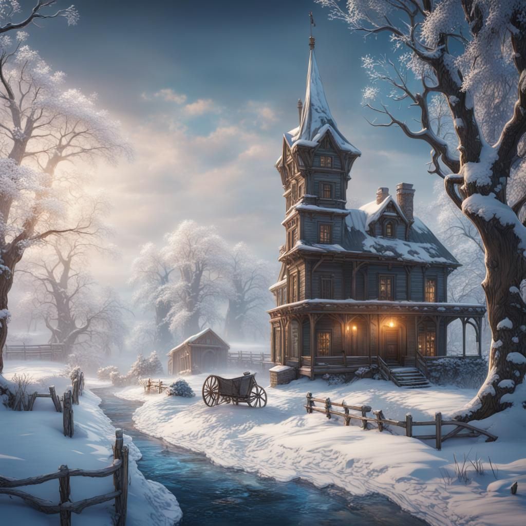 Winter Countryside Matte Painting in Early 1900s Style