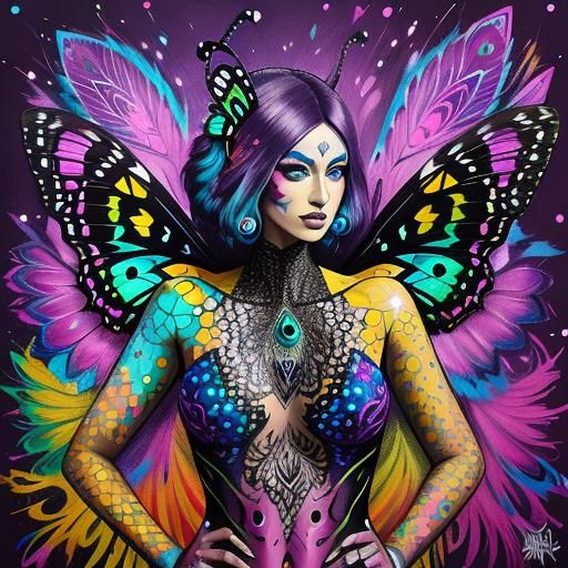 Butterfly Woman with Peacock Feathers in Graffiti Style