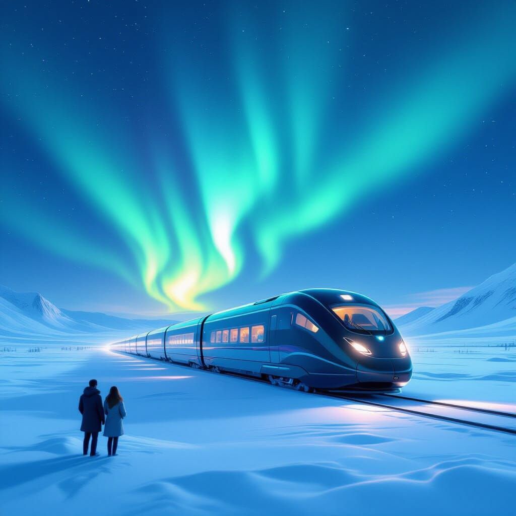 Futuristic Maglev Train in Snowy Tundra Under Aurora Boreali...