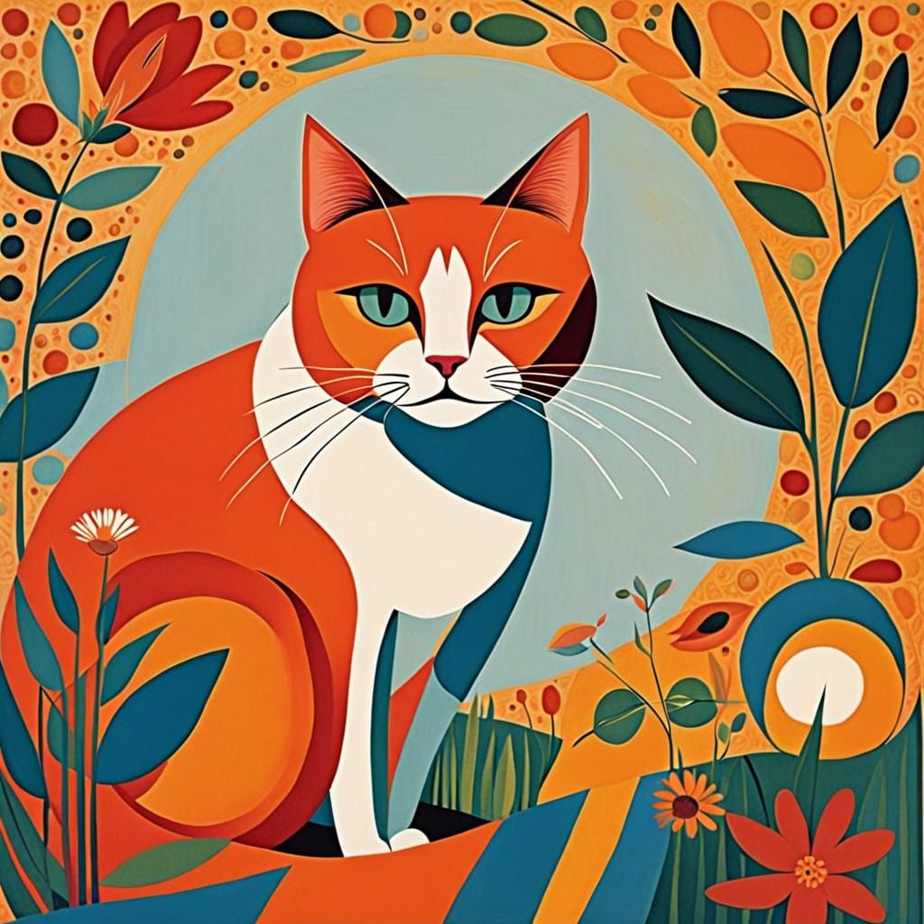 Vibrant Cat in Whimsical Floral Collage