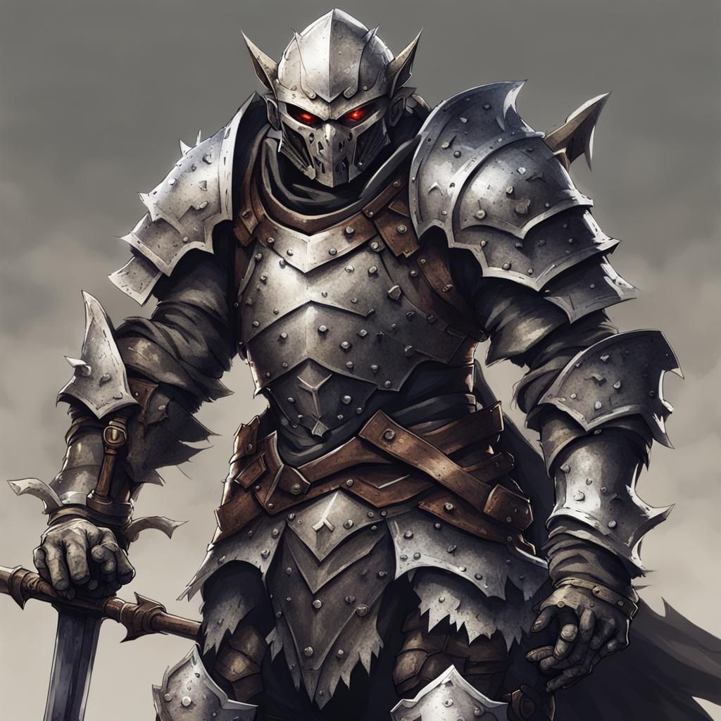 Armored Goblin Slayer Warrior in Evil Fantasy Style