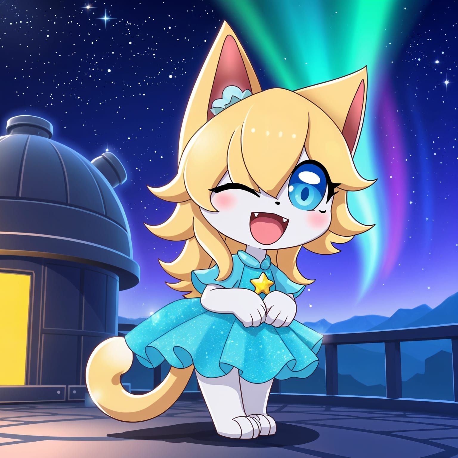 Princess Rosalina as Adorable Anime Catgirl Under the Night...