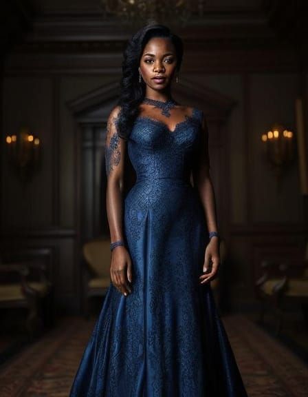 Victorian Woman in Sapphire Gown in Plantation Parlor