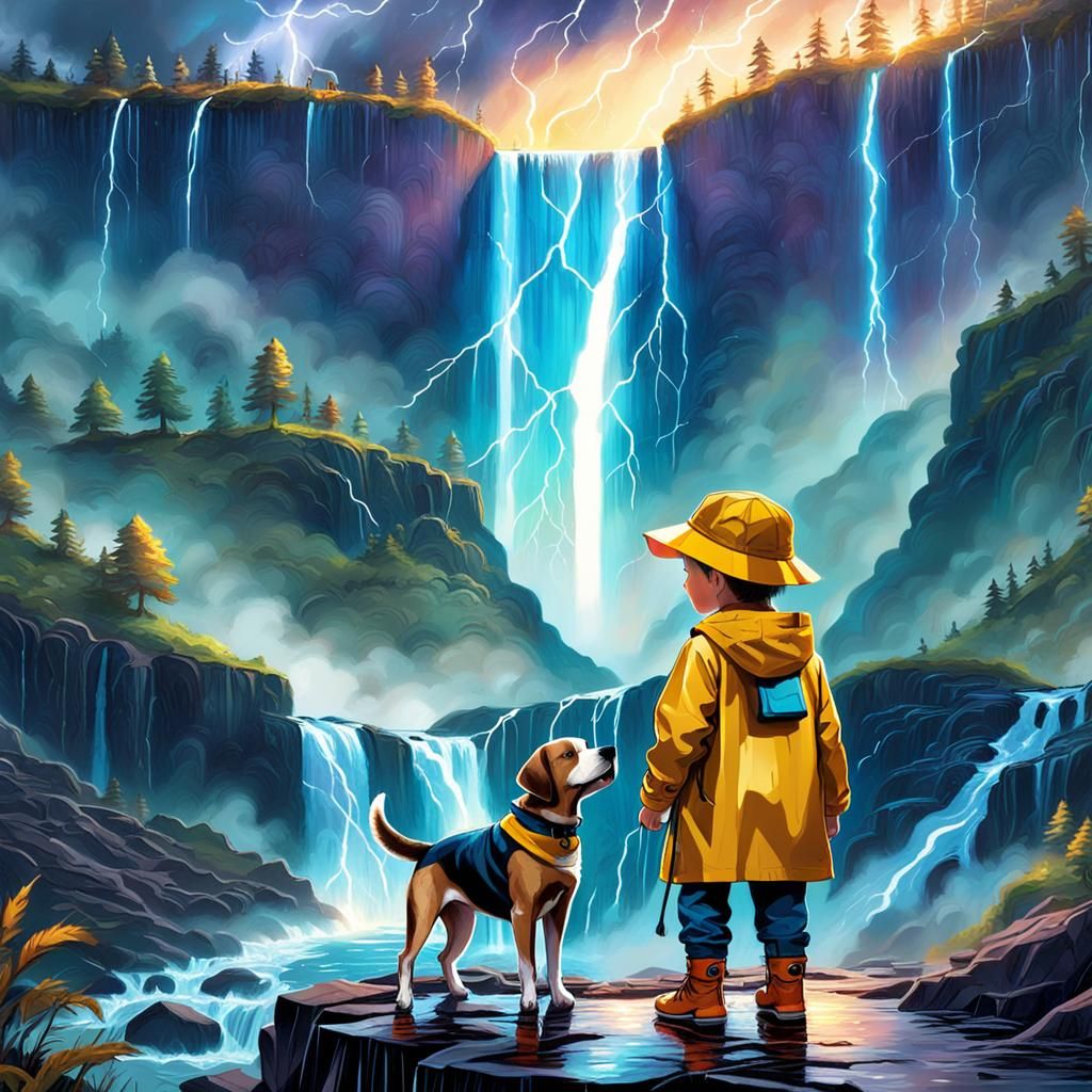 Boy and Dog at Waterfall in Astral Illustration