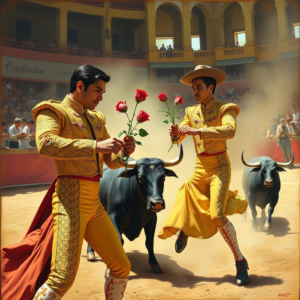 Matadors Engage in Dramatic Rose Stem Ritual with Charging B...