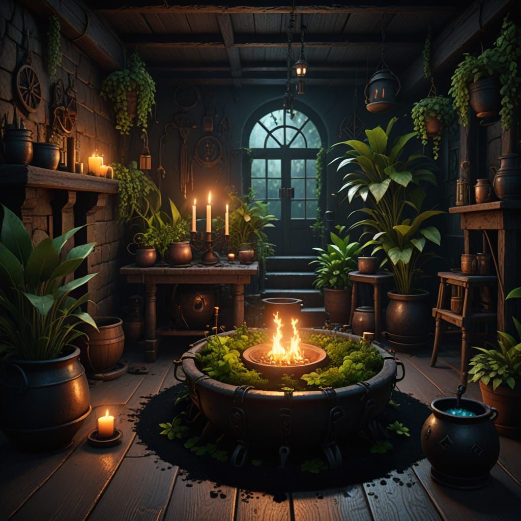 Mystical Coven Gathering in a Candlelit Basement Sanctuary