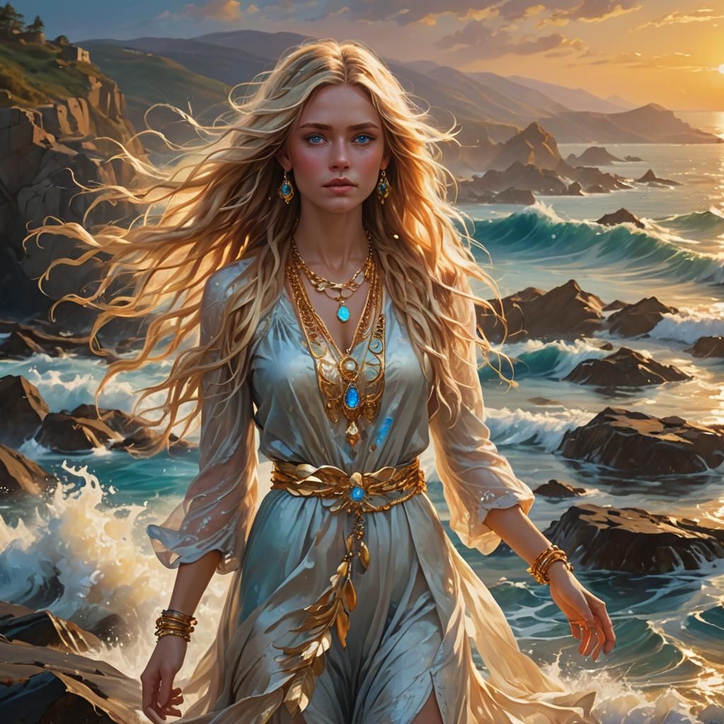Blonde Girl with Blue Eyes on Rocky Shore