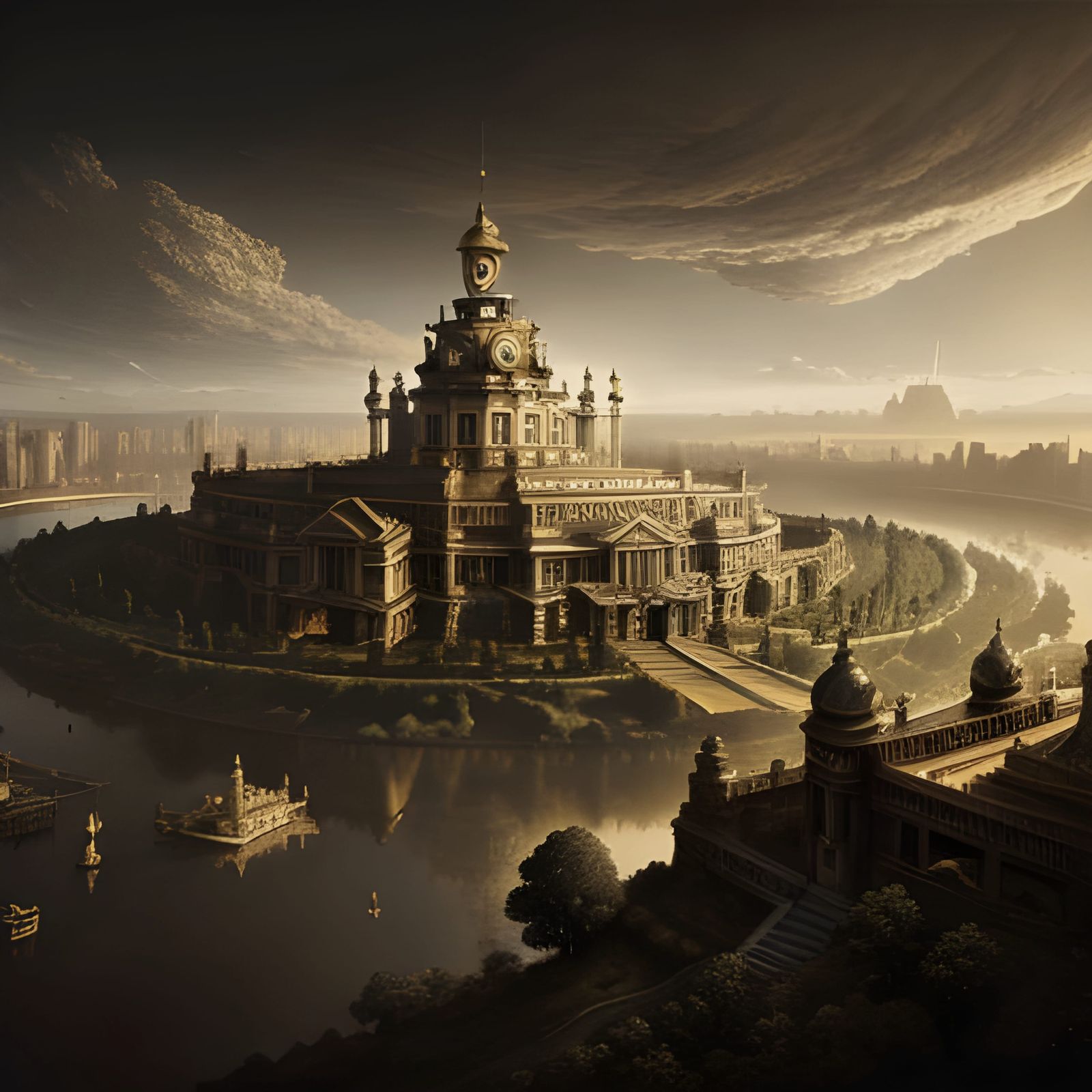 Futuristic Rococo Palace in Sepia Tone