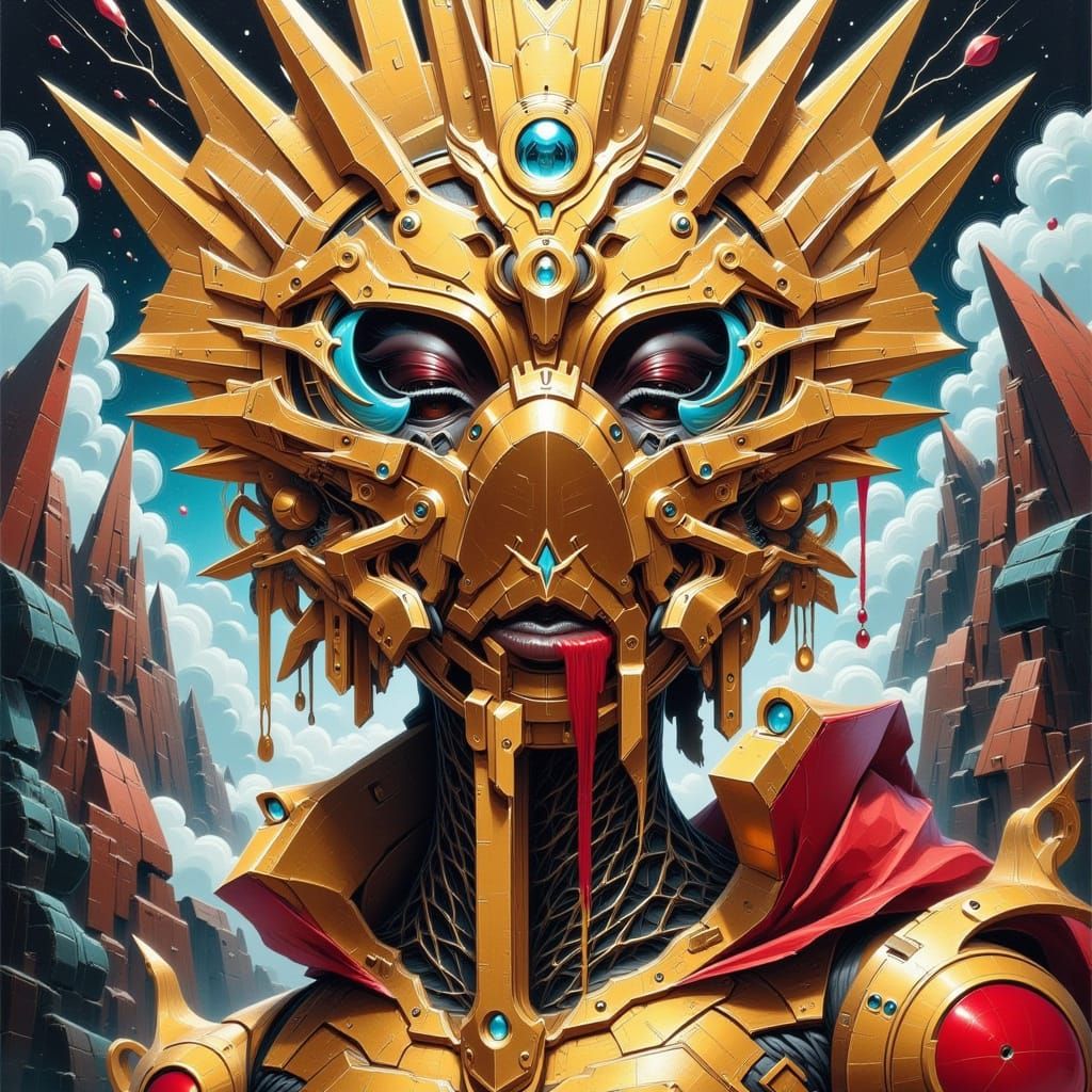 Cubo-Futurist Airship Captain Surveying Angular City