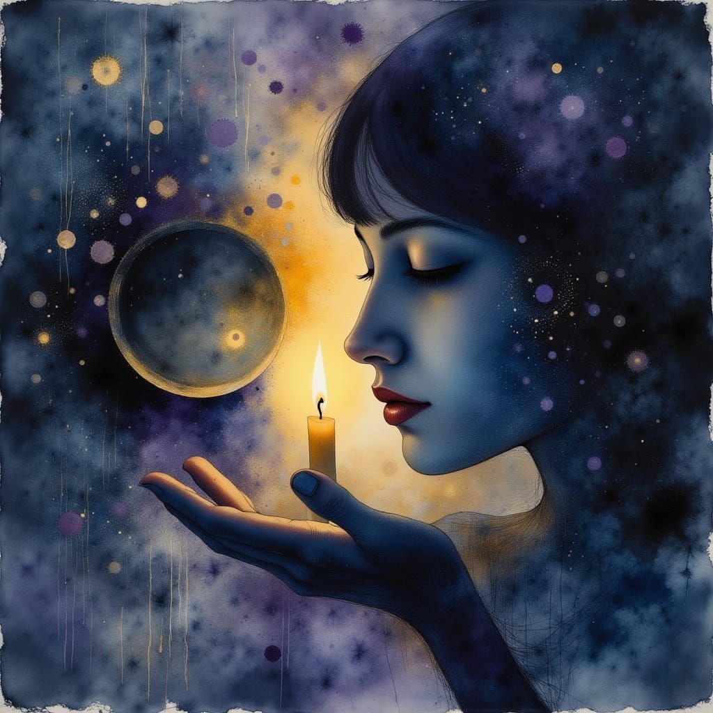 Candle Flame Reveals Meditating Woman: Liquid Ink Watercolor