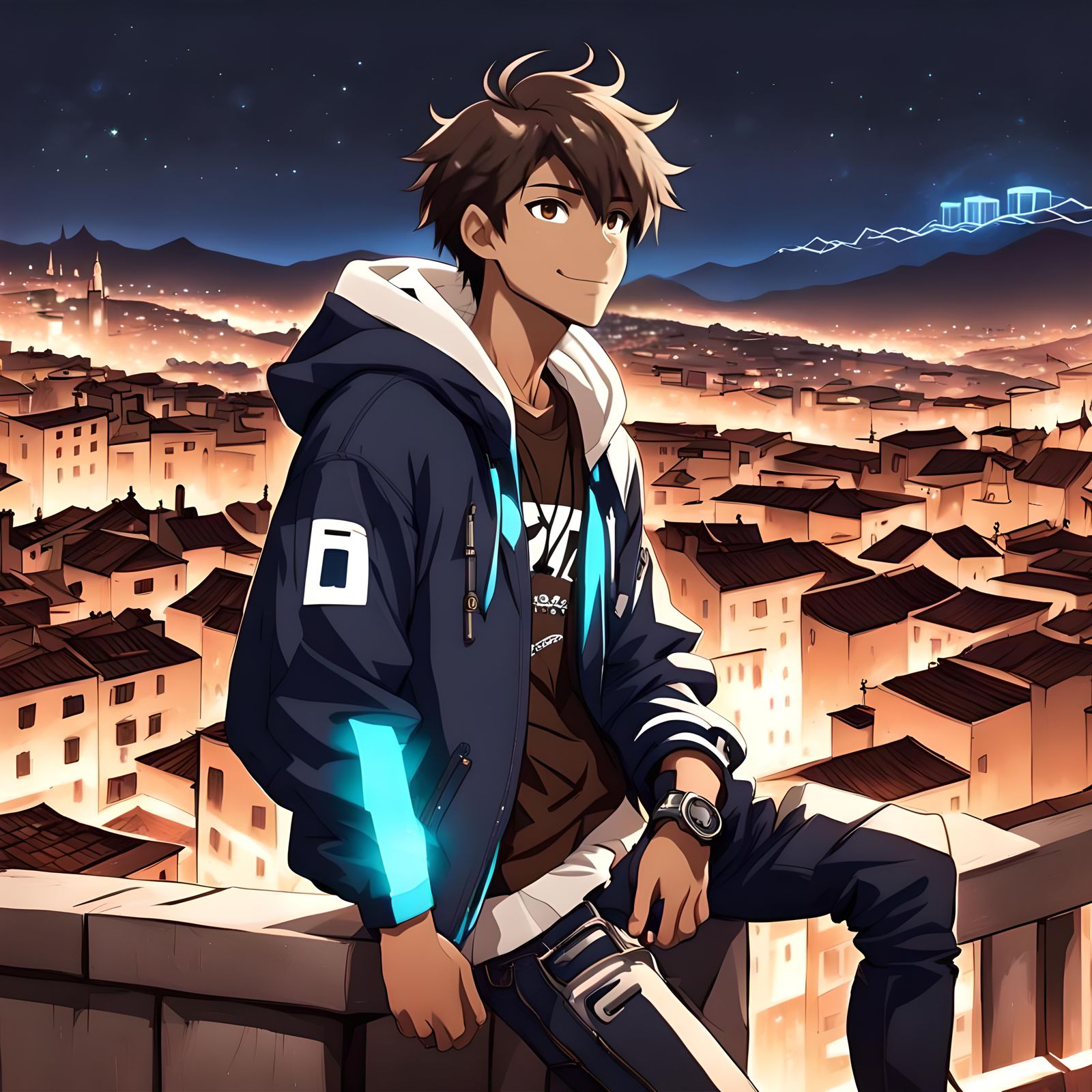 Anime Teenager Overlooks Futuristic Cusco City